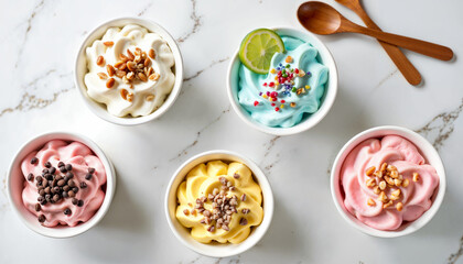 Flavored ice creams, variety flavored cups on a table with wooden spoons, delicious ice cream desserts with toppings 