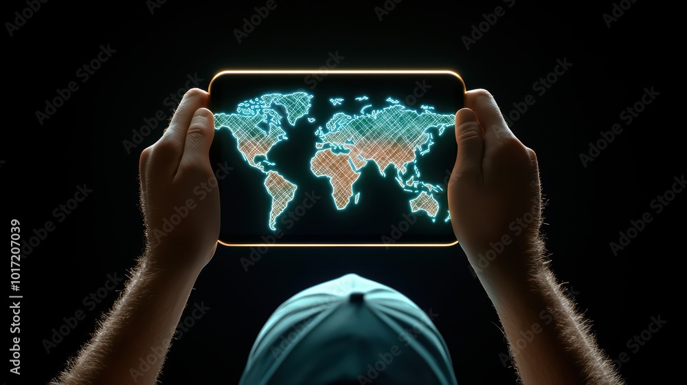 Poster hands holding a digital map displayed on a smartphone with a dark background.