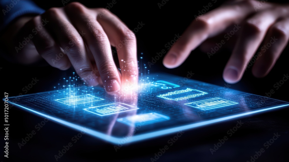 Poster hands interacting with a futuristic touchscreen interface displaying holographic elements.
