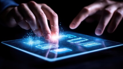 Hands interacting with a futuristic touchscreen interface displaying holographic elements.