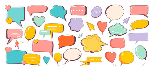 colorful speech bubbles. stickers dialog, talk message element arrows balls clouds turquoise violet pink yellow flat set vector illustration