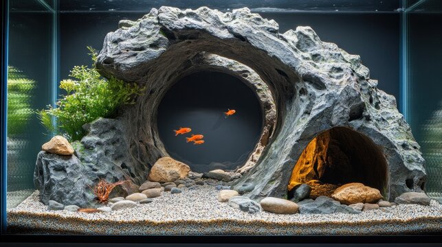 Aquarium with a Rock Formation and Fish