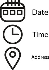 Date, time, location icon. collection of Location, time and address, isolated on white background. Vector illustration