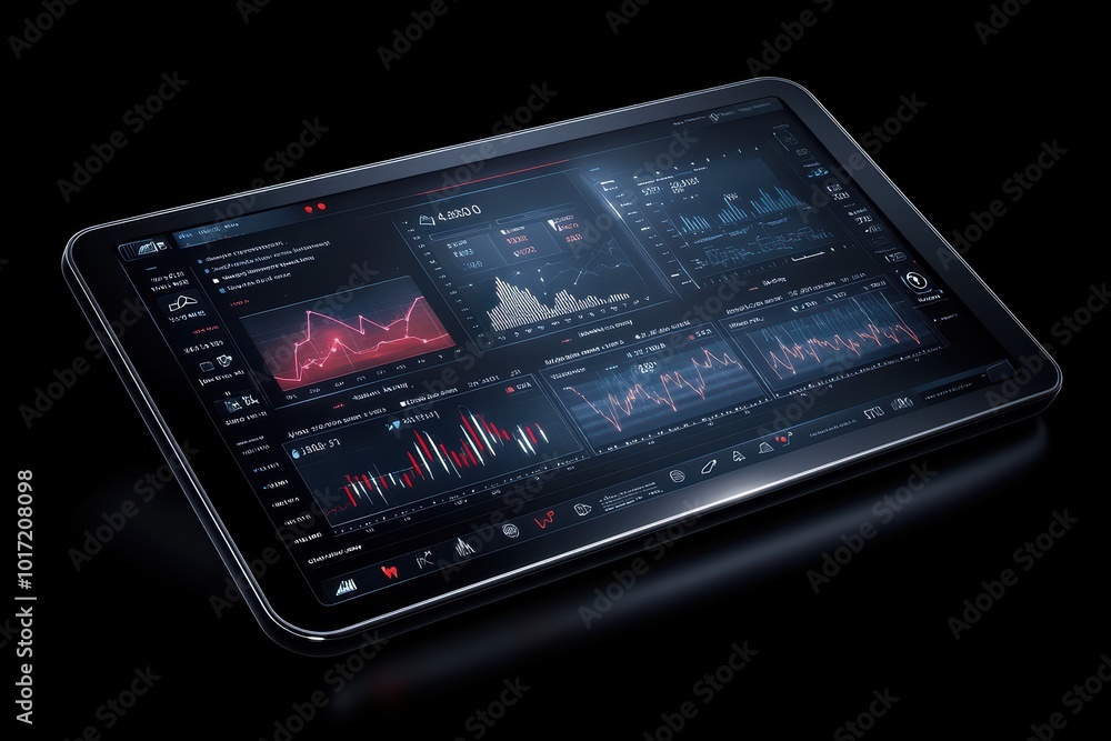 Poster tablet displaying financial market data with graphs and charts on a sleek interface, isolated on bla