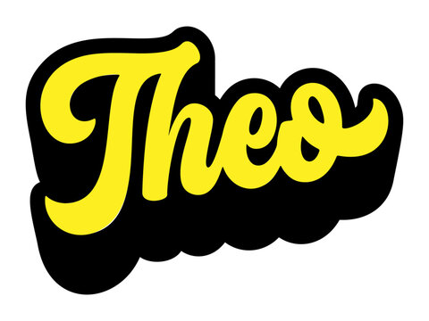 Given name Theo written in retro groovy three-dimensional script lettering