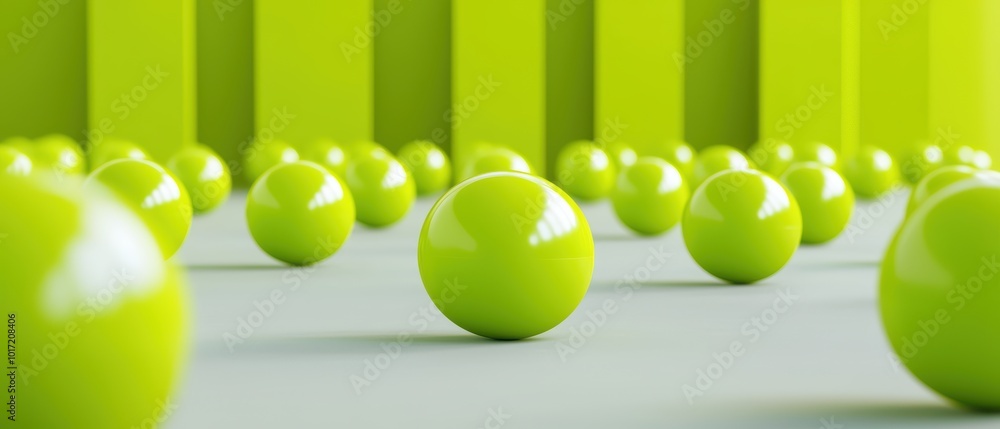Poster vivid green spheres scattered on a light surface, creating a dynamic and modern visual.