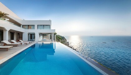 Fototapeta premium Sea view.Luxury modern white beach hotel with swimming pool. Sunbed on sundeck for vacation home or hotel