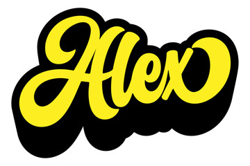Given name Alex written in retro groovy three-dimensional script lettering