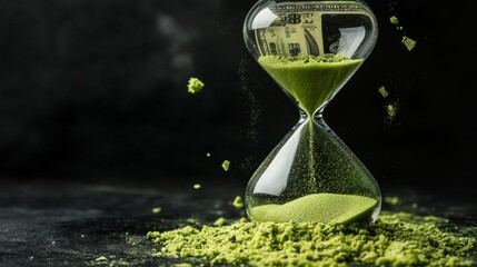 Time is money: An hourglass with green sand and a dollar bill.