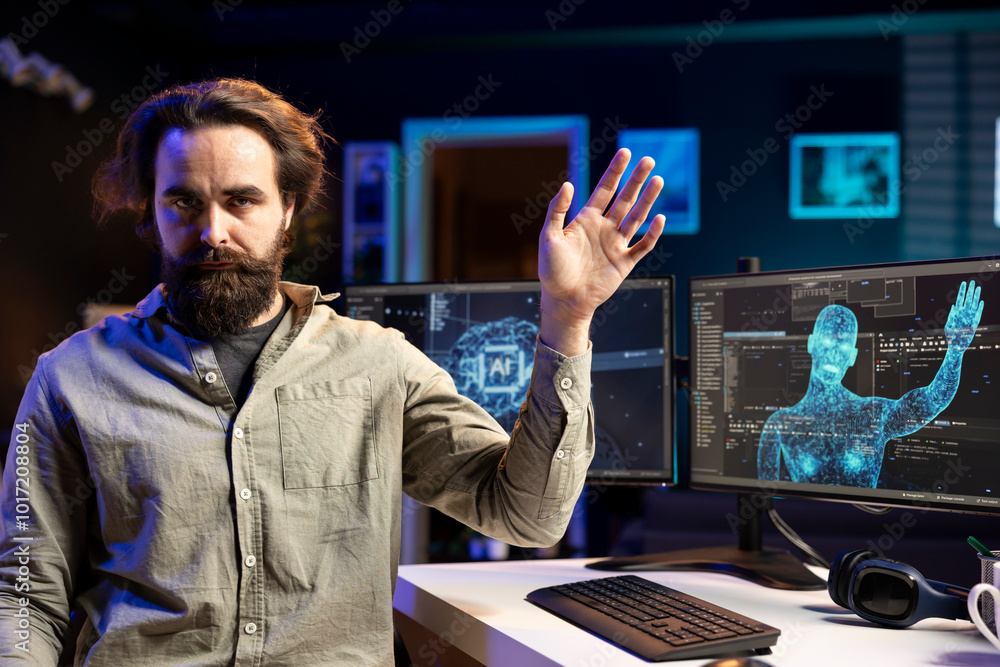Poster rogue ai gaining consciousness and controlling programmer body, sf dystopian scenario. omniscient ev