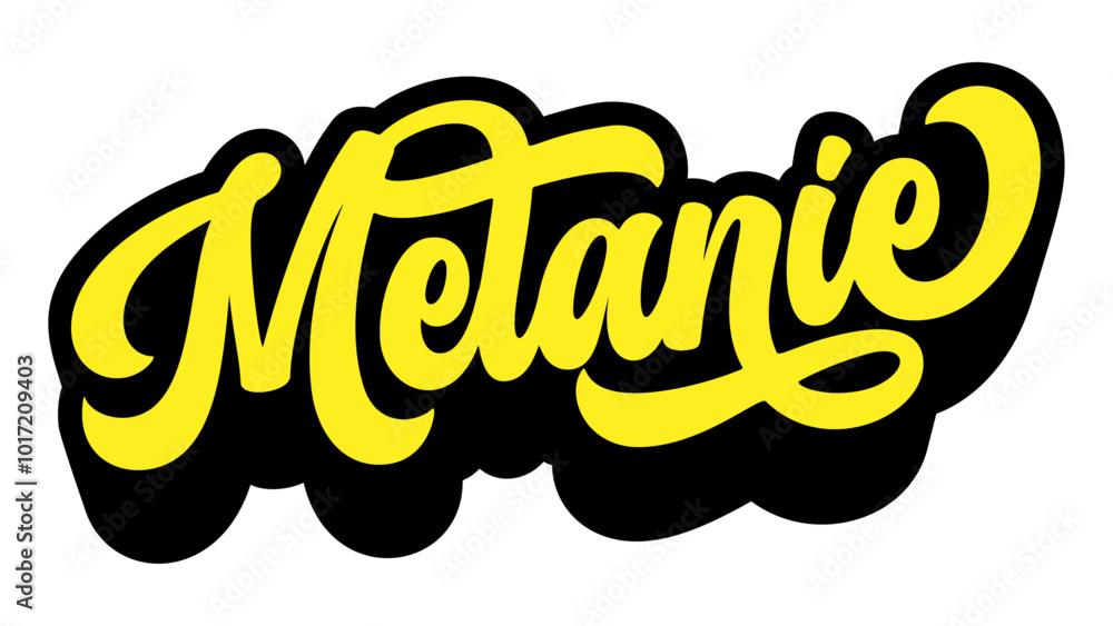 Aufkleber given name melanie written in retro groovy three-dimensional script lettering