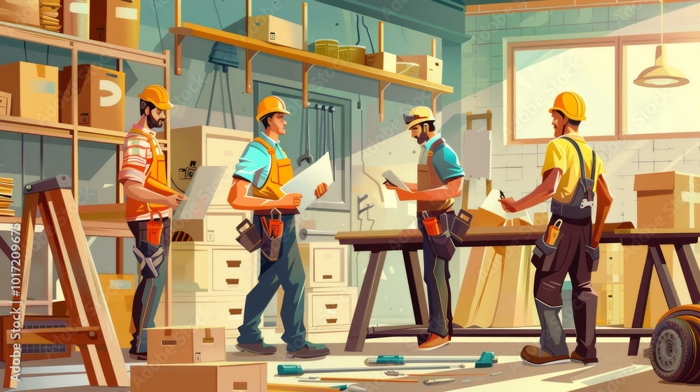 Aufkleber A dedicated repair team works together in a workshop, actively discussing plans while handling tools and materials for their project. Generative AI