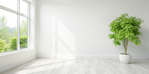 Minimalist Interior with Large Window and Potted Plant for Home Decor Blogs, Real Estate Listings, and Wellness Space Designs , space for text