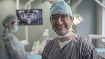 Obraz premium Patient smiling after a successful root canal with the dentist standing nearby