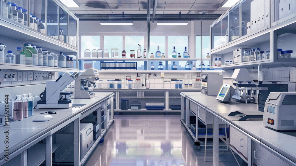 Poster A spacious lab filled with high-tech instruments and neatly arranged containers, illuminated by natural light from large windows. Generative AI