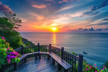 Fototapeta premium A beautiful sunset over the ocean with a bench overlooking the water, generative ai image