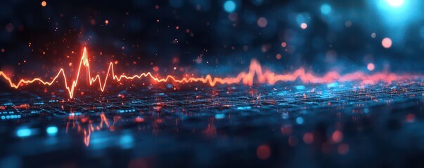 Dynamic red and blue digital heartbeat wave on a futuristic grid background representing technology and life sciences