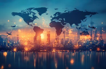 Fototapeta premium Global shipping concept with a cargo ship and digital blue and white world map overlay against a city skyline background at night