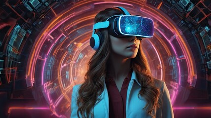 Young fashionable woman with colorful vr headset touching state of consciousness future virtual world technology