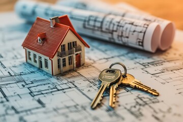 Model house and keys on architectural blueprints representing real estate planning and construction concepts