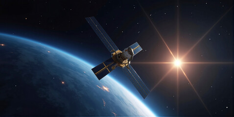 Obraz premium illustrative representation of a satellite receiving, transmitting and relaying signals from the earth's surface