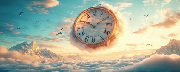 A surreal image of a large antique clock floating in the sky over majestic snow-capped mountains with birds soaring in the serene blue sky