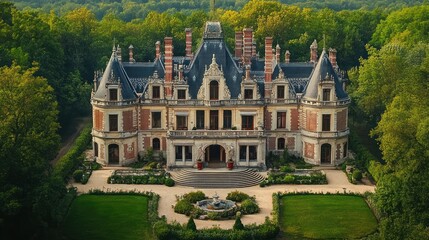 Obraz premium French Chateau Surrounded by Lush Greenery