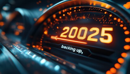 Close-up of a futuristic speedometer displaying the year 2025 with glowing lights and a sleek, modern design