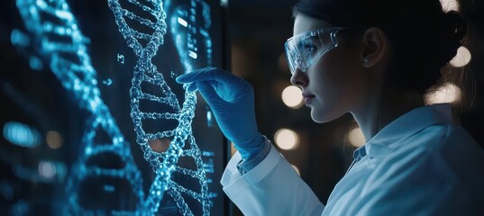 Futuristic medical technology with doctor analyzing digital DNA helix hologram in laboratory setting
