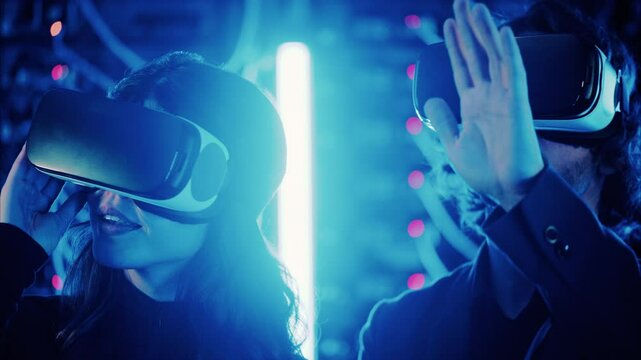 A man and a woman using Virtual Reality headsets in a server room