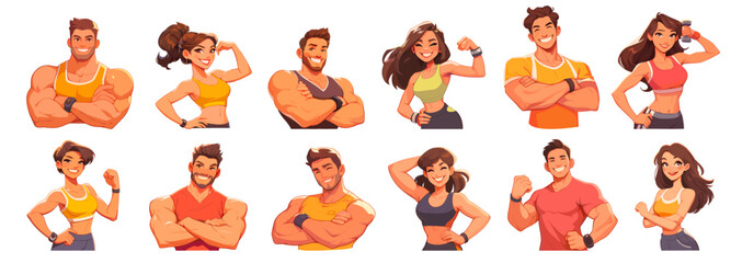 Plakat Fitness coaches. Cartoon muscular men and women in sport clothes, active life people set vector illustration