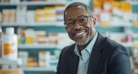 Fototapeta premium Smiling middle-aged Black man with glasses in a pharmacy aisle, representing health and wellness, surrounded by medicine bottles on shelves.