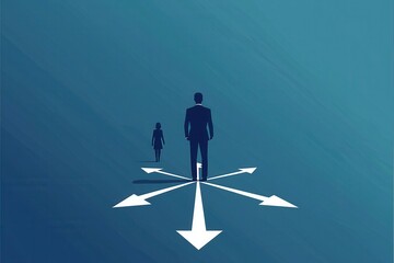 Person standing at crossroads with multiple arrows symbolizing choices and decisions in a minimalist blue concept illustration