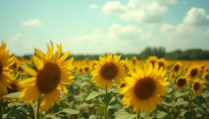 Obraz premium A beautiful sunflower field in full bloom stretching towards the horizon under a clear blue sky. The scene captures the essence of summer and the natural beauty of flowers.