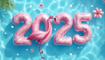 The number 2025 creatively styled with a pink flamingo float against a pool water background, symbolizing a fun and tropical theme. The image highlights a festive and playful vibe.