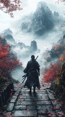 Lone Shinobi on Crumbling Bridge Overlooking Misty Valley &ndash; Generative AI