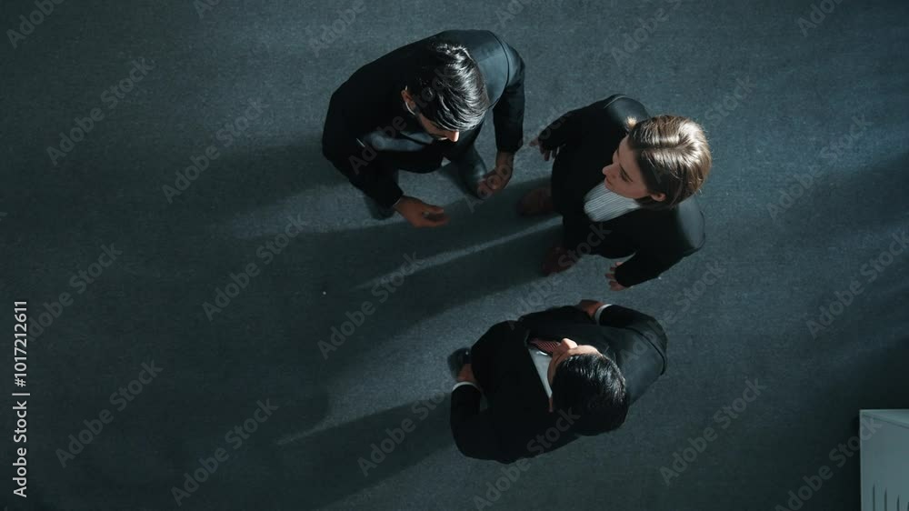 Poster top down aerial view of diverse business team explain marketing strategy while standing and looking 