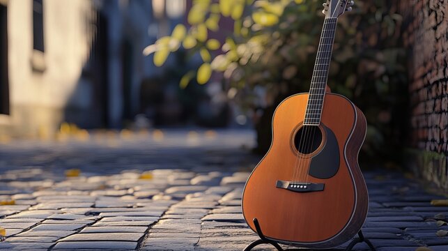 A stunning acoustic guitar with a stand that displays its sophisticated design and flawless finish, ideal for musicians of all skill levels who want to produce catchy music.