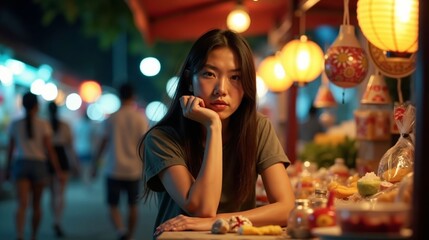 Young Woman at a Night Market Stall with a Bored Expression, Waiting for Customers