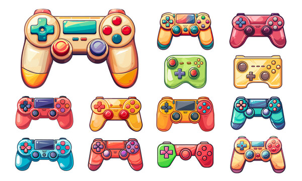 gamepads cartoon set. gamepad, video game joystick color game controller digital vector illustration