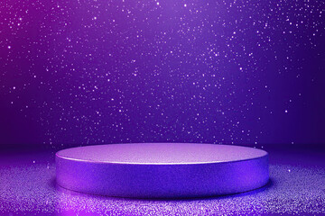 product presentation podium, empty purple plate, round platform with violet lights and glitter particles curtain background, empty stage, display mockup, copy space, bokeh, photorealistic