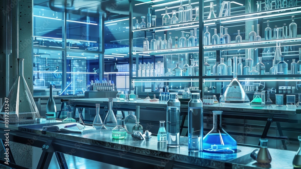 Aufkleber In a contemporary laboratory, illuminated glass containers display vibrant liquids while advanced equipment fills the space. Generative AI
