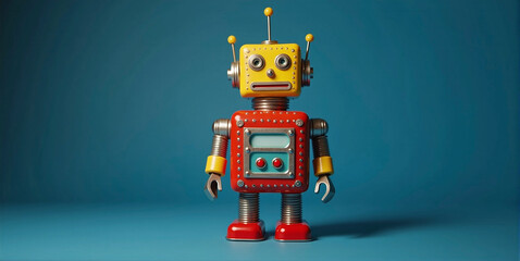 Fototapeta premium Illustrative depiction of a small freestanding colorful toy robot against a colorful background, robots doing the work of humans