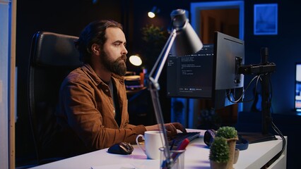 Developer overthinking solutions while doing programming during remote job shift in home office. IT...