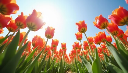 Fototapeta premium A stunning field of vibrant red tulips basking in the sunlight, captured from a low angle. The scene emphasizes the beauty and freshness of spring flowers in full bloom.