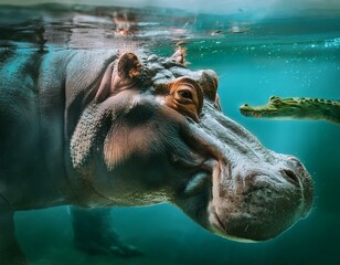 Hippopotamus is in profile underwater touching the bottom. In the background you can see a small green crocodile passing by