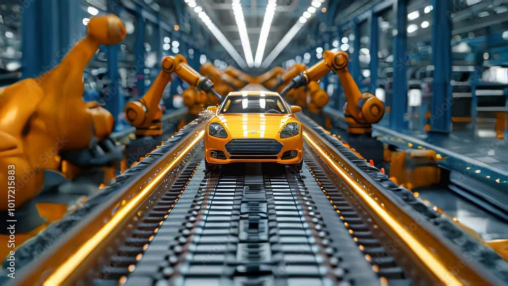 Poster robot arm assembly line in factory. concept of artificial intelligence for industrial revolution and