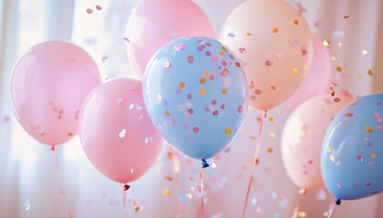 Pink and blue balloons with confetti in the air.