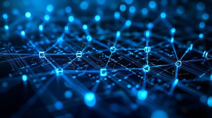 Obraz premium Big Data Analytics Visualizing Abstract representation of big data visualized as a glowing mesh of nodes, radiant orange and red lines, no face, high contrast, digital painting