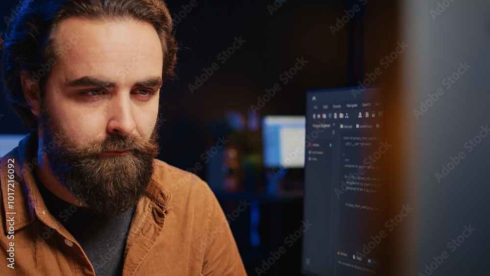 Poster focused software developer in home office doing coding on computer at desk, close up. it specialist 